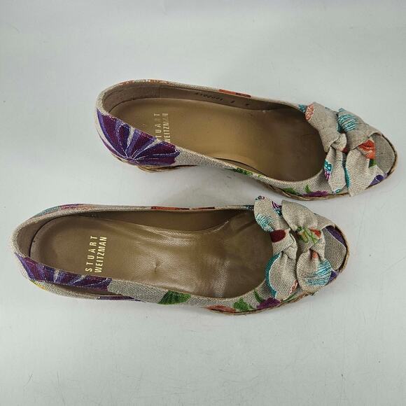 Stuart Weitzman peep toe canvas floral espadrilles shoes wedges , 8 - Picture 3 of 6